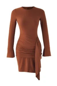 TRENDYOLMİLLA Dark Brown Ruffle/Drape Detailed Bodycon Mini Soft Fabric Flexible Knitting Dress - Image 5