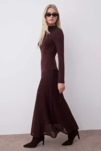 TRENDYOLMİLLA Brown A Cut/Life Form Tulle Garni Detailed Midi Long Sleeve Flexible Knitting Dress - Image 2