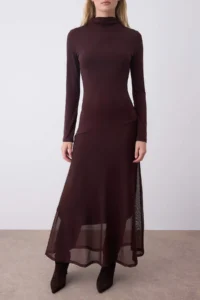 TRENDYOLMİLLA Brown A Cut/Life Form Tulle Garni Detailed Midi Long Sleeve Flexible Knitting Dress - Image 3
