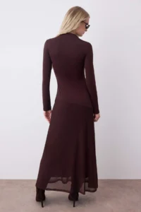 TRENDYOLMİLLA Brown A Cut/Life Form Tulle Garni Detailed Midi Long Sleeve Flexible Knitting Dress - Image 4