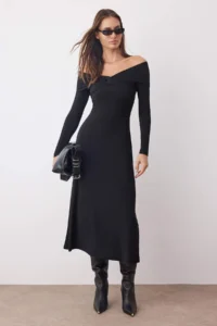 TRENDYOLMİLLA Black Carmen Collar A-line/Life Opening Flexible Knitting Midi Dress