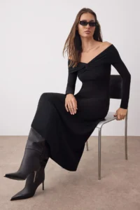 TRENDYOLMİLLA Black Carmen Collar A-line/Life Opening Flexible Knitting Midi Dress - Image 2