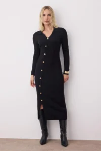 TRENDYOLMİLLA Black Plain Midi Asymmetric Button Detailed Knitwear LONG Dress