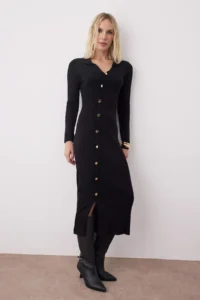 TRENDYOLMİLLA Black Plain Midi Asymmetric Button Detailed Knitwear LONG Dress - Image 2