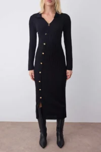 TRENDYOLMİLLA Black Plain Midi Asymmetric Button Detailed Knitwear LONG Dress - Image 3