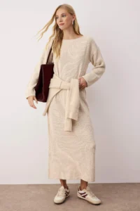 TRENDYOLMİLLA Stone Plain Maxi Basic Oversized Boat Neck Knitwear LONG Dress
