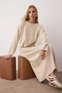 TRENDYOLMİLLA Stone Plain Maxi Basic Oversized Boat Neck Knitwear LONG Dress - Image 2