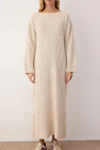 TRENDYOLMİLLA Stone Plain Maxi Basic Oversized Boat Neck Knitwear LONG Dress - Image 3