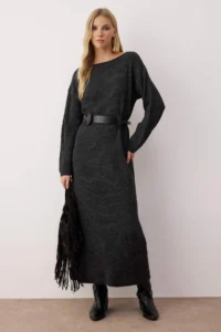 TRENDYOLMİLLA Anthracite Plain Maxi Basic Oversized Boat Neck Knitwear LONG Dress - Image 2
