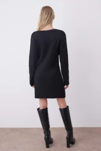 TRENDYOLMİLLA Black Plain Short / Mini Binding Detailed A-line Knit Dress - Image 4