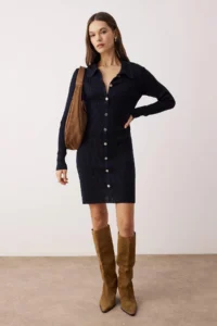TRENDYOLMİLLA Navy Blue Plain Short / Mini Polo Shirt Collar Fitted/Bodysuit hugging A-line Knit Dress
