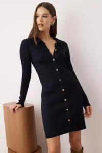 TRENDYOLMİLLA Navy Blue Plain Short / Mini Polo Shirt Collar Fitted/Bodysuit hugging A-line Knit Dress - Image 2