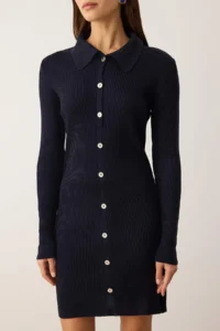TRENDYOLMİLLA Navy Blue Plain Short / Mini Polo Shirt Collar Fitted/Bodysuit hugging A-line Knit Dress - Image 3