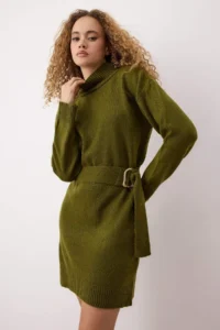 TRENDYOLMİLLA Khaki Plain Short / Mini Soft textured Oversized Sash Detailed Short/Mini Knit Dress - Image 2