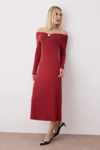 TRENDYOLMİLLA Brick Rejection Accessory Detailed Open Omuzlu bodycon Maxi Flexible Knitting Dress