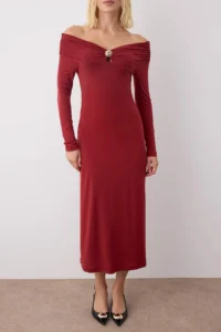 TRENDYOLMİLLA Brick Rejection Accessory Detailed Open Omuzlu bodycon Maxi Flexible Knitting Dress - Image 3