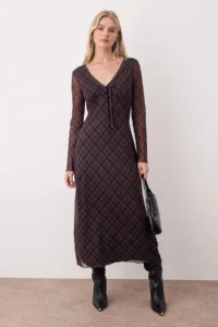 TRENDYOLMİLLA Multicolored Plaid Printed Binding Detailed Maxi Knitting Dress