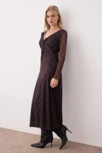 TRENDYOLMİLLA Multicolored Plaid Printed Binding Detailed Maxi Knitting Dress - Image 2