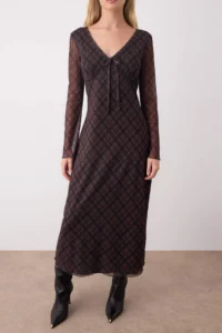 TRENDYOLMİLLA Multicolored Plaid Printed Binding Detailed Maxi Knitting Dress - Image 3