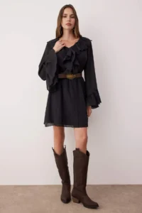 TRENDYOLMİLLA Black Ruffle Detailed Boho Short / Mini Weaving Dress