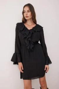 TRENDYOLMİLLA Black Ruffle Detailed Boho Short / Mini Weaving Dress - Image 2