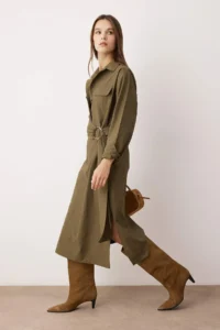 TRENDYOLMİLLA Khaki Belted A-Kesim Midi Weaving Dress