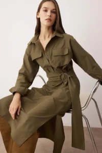 TRENDYOLMİLLA Khaki Belted A-Kesim Midi Weaving Dress - Image 2