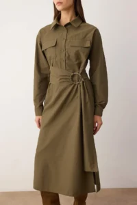 TRENDYOLMİLLA Khaki Belted A-Kesim Midi Weaving Dress - Image 3