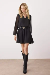 TRENDYOLMİLLA Black Skirt Opened at Waist Two-Layer Siphon Skirt Short / Mini Weaving Dress