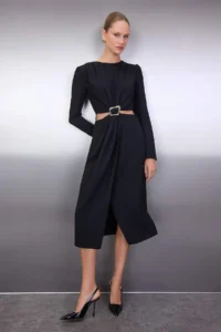 TRENDYOLMİLLA Black Cut Out and Accessory Detailed wrap Skirted Midi Weaving her dress