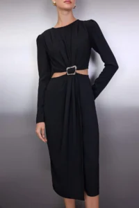 TRENDYOLMİLLA Black Cut Out and Accessory Detailed wrap Skirted Midi Weaving her dress - Image 3