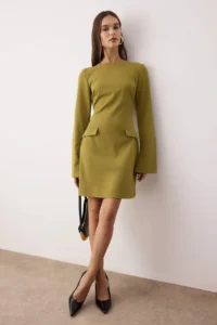 TRENDYOLMİLLA Oil Green Pocket Detail Short / Mini Weaving Dress - Image 2