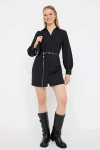 TRENDYOLMİLLA Teen Black Ruffle Detailed Short / Mini Weaving Shirt Dress
