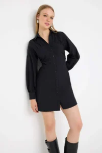 TRENDYOLMİLLA Teen Black Ruffle Detailed Short / Mini Weaving Shirt Dress - Image 2