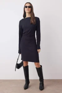 TRENDYOLMİLLA Black  Plain Ruffle / Drape Short / Mini  Knitting Dress