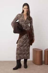 TRENDYOLMİLLA Brown Printed Ruffle / Drape Maxi  Knitting Dress