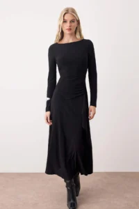TRENDYOLMİLLA Black Plain Burdu and Ruffle Detailed Boat Neck Belen Opening Maxi Knitting Dress - Image 2