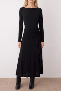TRENDYOLMİLLA Black Plain Burdu and Ruffle Detailed Boat Neck Belen Opening Maxi Knitting Dress - Image 3