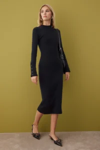 TRENDYOLMİLLA Black Dog collar Fitted/Fitted buttoned Midi Knitting Dress