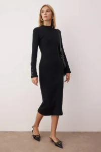 TRENDYOLMİLLA Black Dog collar Fitted/Fitted buttoned Midi Knitting Dress - Image 5