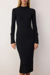TRENDYOLMİLLA Black Dog collar Fitted/Fitted buttoned Midi Knitting Dress - Image 7