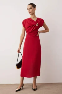 TRENDYOLMİLLA Rejection Plain Accessory Detailed Midi Weaving Dress