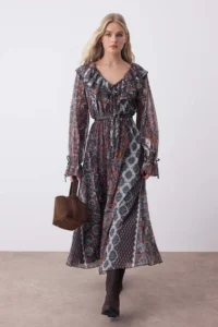 TRENDYOLMİLLA Multicolored Boho Printed Ruffle Detailed Skater/Waisted Midi Flexible Knitting Dress