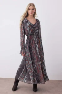 TRENDYOLMİLLA Multicolored Boho Printed Ruffle Detailed Skater/Waisted Midi Flexible Knitting Dress - Image 2