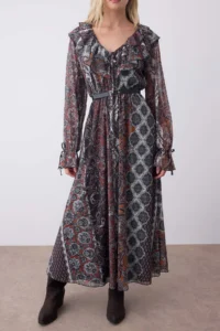 TRENDYOLMİLLA Multicolored Boho Printed Ruffle Detailed Skater/Waisted Midi Flexible Knitting Dress - Image 3