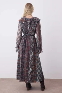 TRENDYOLMİLLA Multicolored Boho Printed Ruffle Detailed Skater/Waisted Midi Flexible Knitting Dress - Image 4