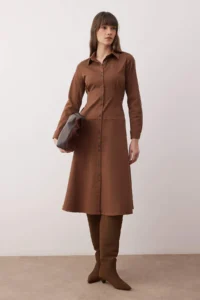TRENDYOLMİLLA Brown Button Detailed Midi Weaving Shirt Dress