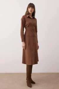 TRENDYOLMİLLA Brown Button Detailed Midi Weaving Shirt Dress - Image 2