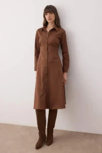 TRENDYOLMİLLA Brown Button Detailed Midi Weaving Shirt Dress - Image 3