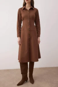 TRENDYOLMİLLA Brown Button Detailed Midi Weaving Shirt Dress - Image 4